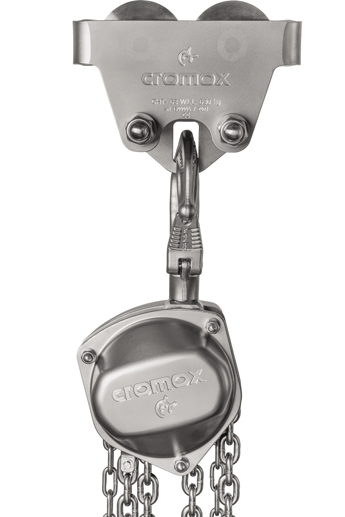 cromox® polipasto con carretilla elevadora de acero inoxidable - incl. cadena (vista frontal)